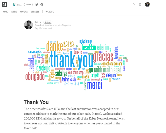 CEO Kyber Network thông báo trên trang cá nhân về thương vụ Token Sale thành công