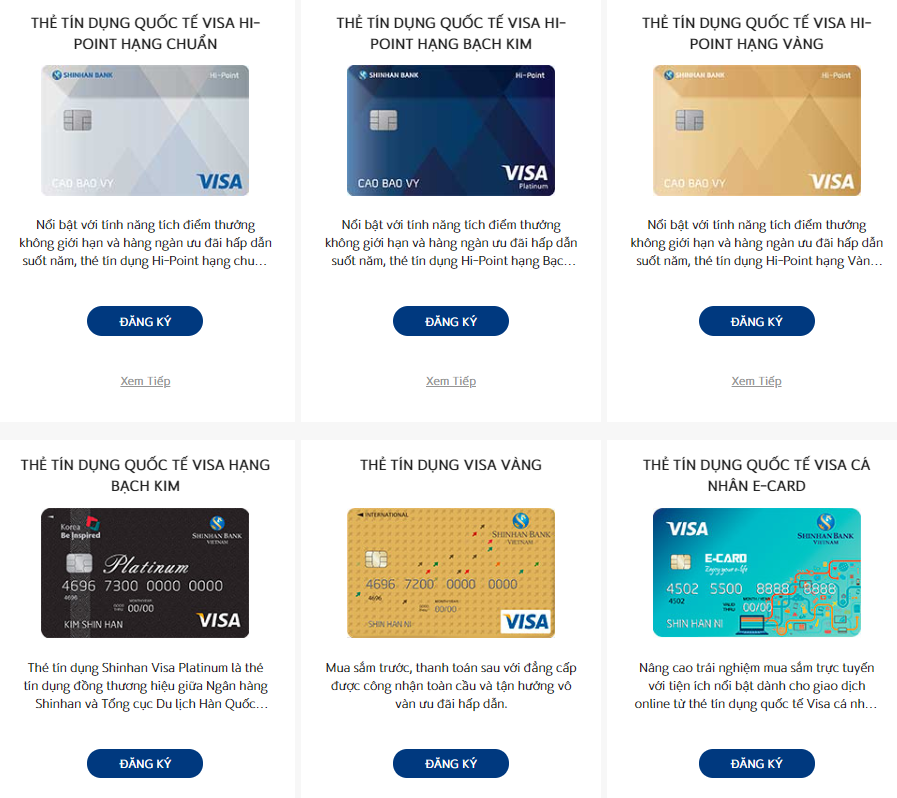 Một số loại thẻ tín dụng phổ biến ngân hàng Shinhan Bank