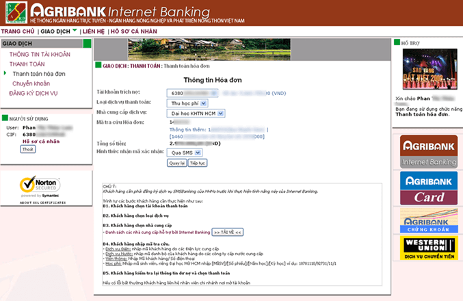 Tra cưu thông tin tài khoản qua internet banking Agribank