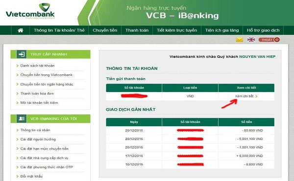 Kiểm tra số dư tài khoản ngân hàng Vietcombank qua VCB - iB@nking