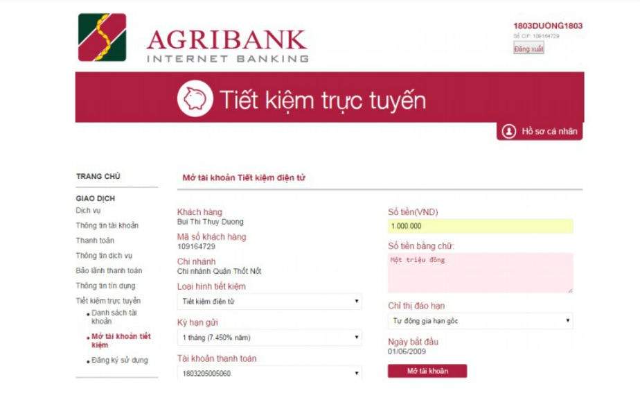 Đăng ký gửi tiết kiệm Online Agribank