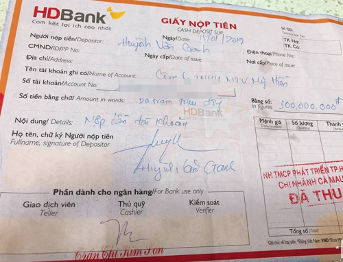 Hóa đơn nộp tiền tại HDBank
