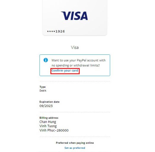 Xác minh thẻ Visa PayPal