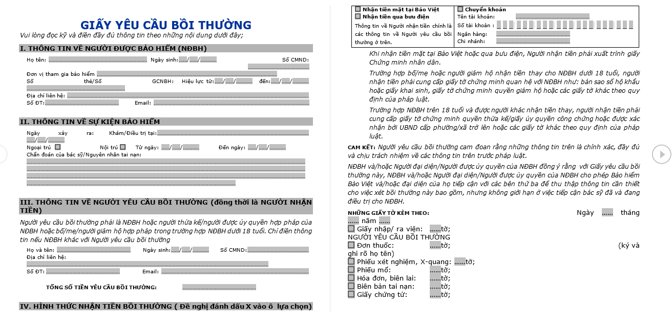 Mẫu giấy yêu cầu bồi thường bảo hiểm Bảo Việt